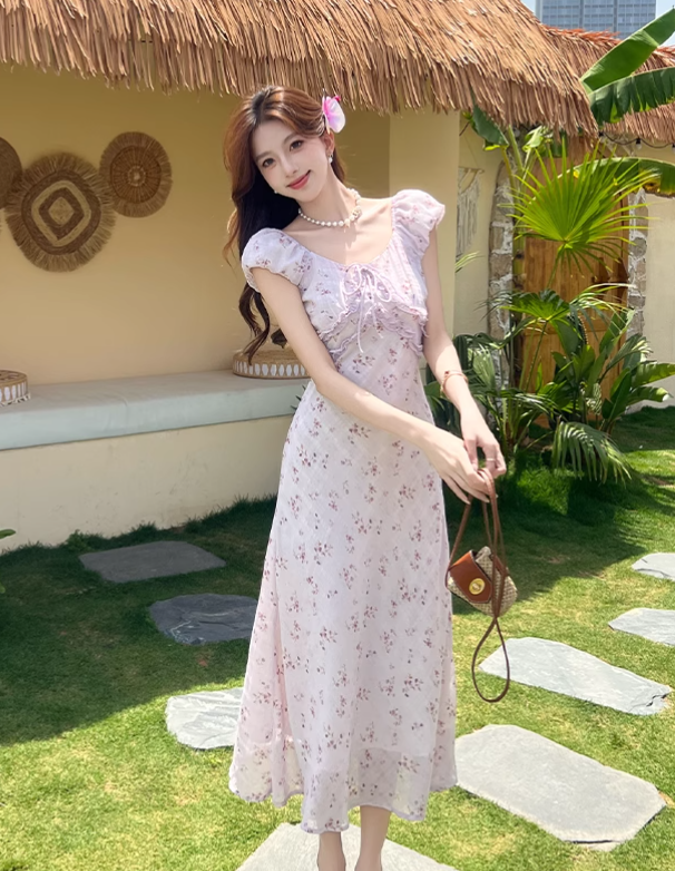 Simple Fashion Red Floral Design A-line Long High-waisted Dress HZ1024
