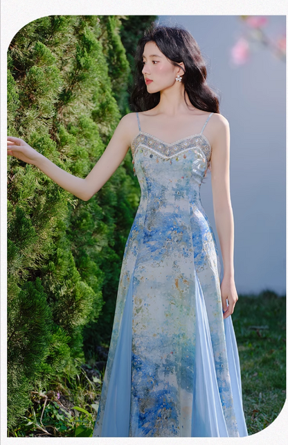 Vintage Fashion Blue Floral Print Design A-line Long High-waisted V-neck Spaghetti Strap Dress HZ1024