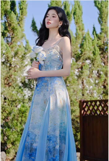 Vintage Fashion Blue Floral Print Design A-line Long High-waisted V-neck Spaghetti Strap Dress HZ1024