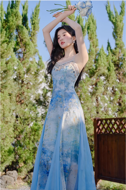 Vintage Fashion Blue Floral Print Design A-line Long High-waisted V-neck Spaghetti Strap Dress HZ1024
