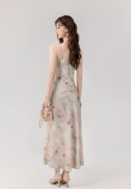 Vintage Fashion Floral Print Design A-line Long Spaghetti Strap Dress HZ1024