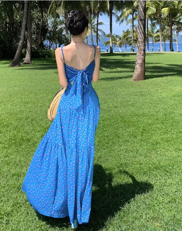 Simple Fashion Blue Floral Design A-line Long Spaghetti Strap Dress HZ1024