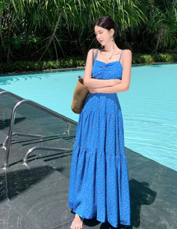 Simple Fashion Blue Floral Design A-line Long Spaghetti Strap Dress HZ1024
