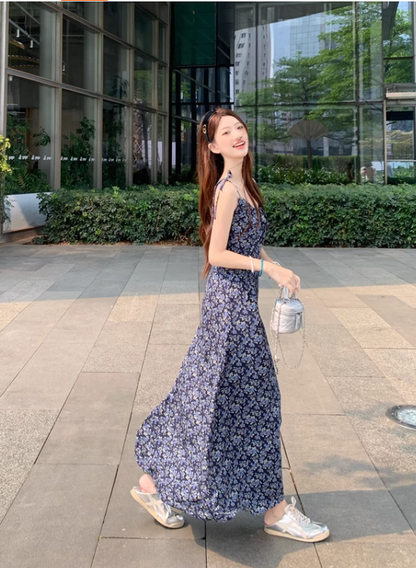 Vintage Fashion Navy Blue Floral Design A-line Long Spaghetti Strap Dress HZ1024