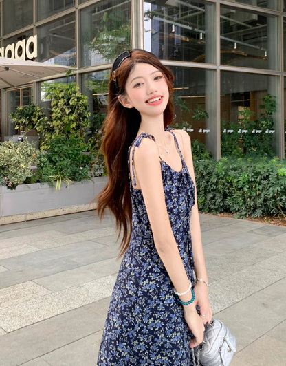 Vintage Fashion Navy Blue Floral Design A-line Long Spaghetti Strap Dress HZ1024