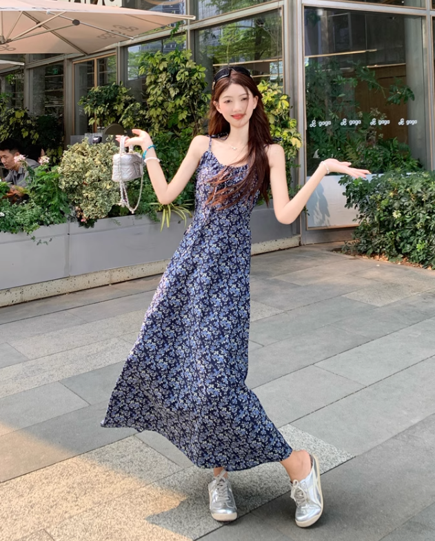 Vintage Fashion Navy Blue Floral Design A-line Long Spaghetti Strap Dress HZ1024