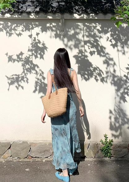 New Fashion Blue Floral Print Design Beach Holiday Long A-line Dress HZ1024