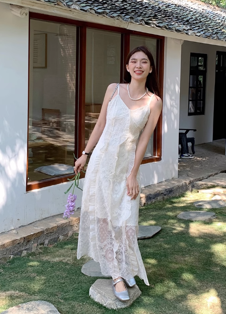 New Fashion White Floral Design Lace A-line V-neck Spaghetti Strap Dress HZ1024