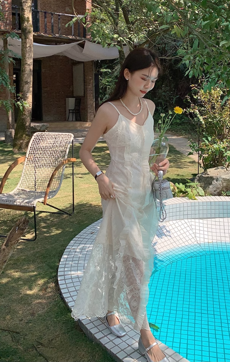 New Fashion White Floral Design Lace A-line V-neck Spaghetti Strap Dress HZ1024