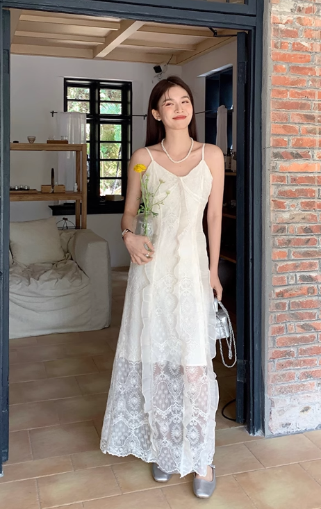 New Fashion White Floral Design Lace A-line V-neck Spaghetti Strap Dress HZ1024
