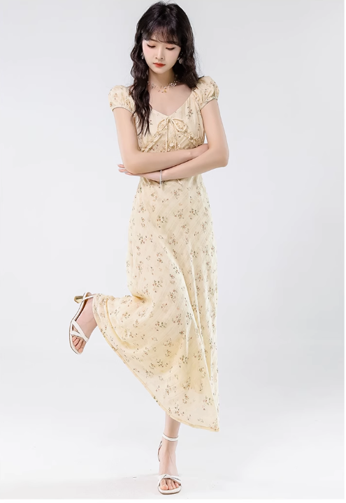 Simple Fashion Floral Design Sweet A-line V-neck Short-sleeved Dress HZ1024