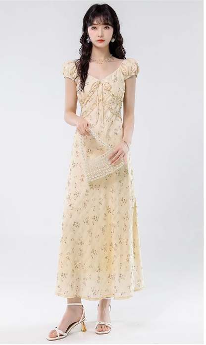 Simple Fashion Floral Design Sweet A-line V-neck Short-sleeved Dress HZ1024