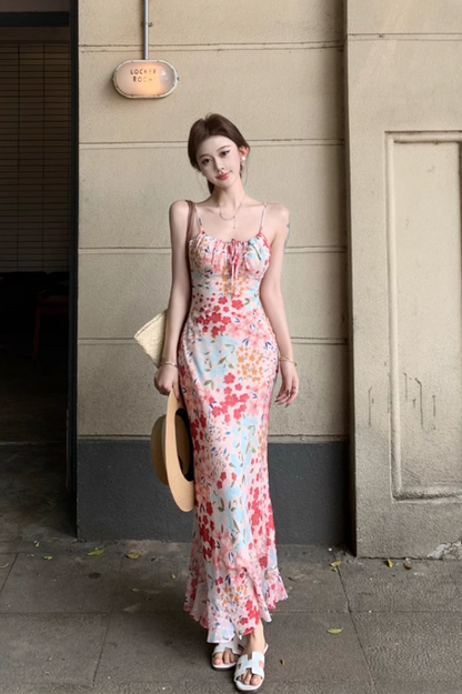 Vintage Fashion Floral Design Elegant Mermaid A-line Spaghetti Strap Dress HZ1024