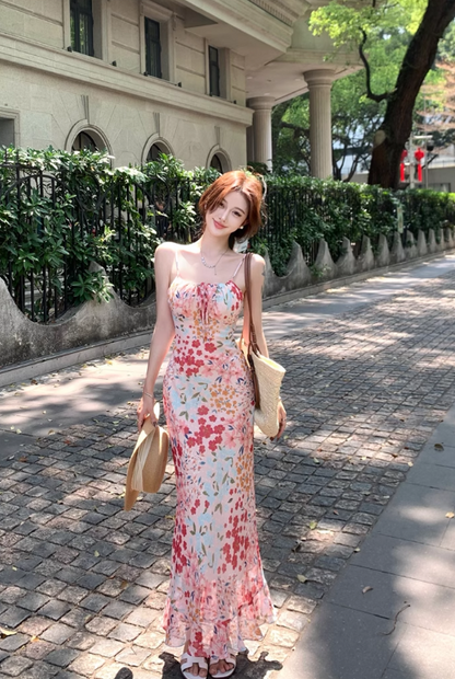 Vintage Fashion Floral Design Elegant Mermaid A-line Spaghetti Strap Dress HZ1024