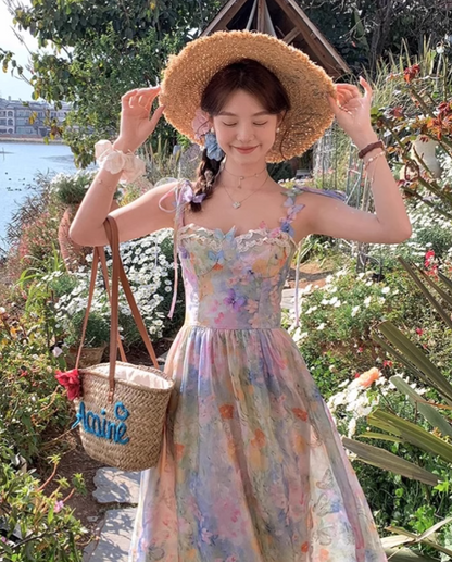 Vintage Fashion Floral Design Elegant Beach Holiday A-line Spaghetti Strap Dress HZ1024