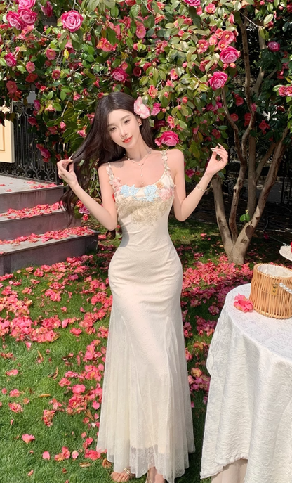 Vintage Fashion Floral Mesh Design Elegant Beach Holiday Mermaid A-line Spaghetti Strap Dress HZ1024