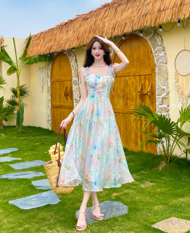 New Fashion Floral Design Elegant A-line Spaghetti Strap Dress HZ1024