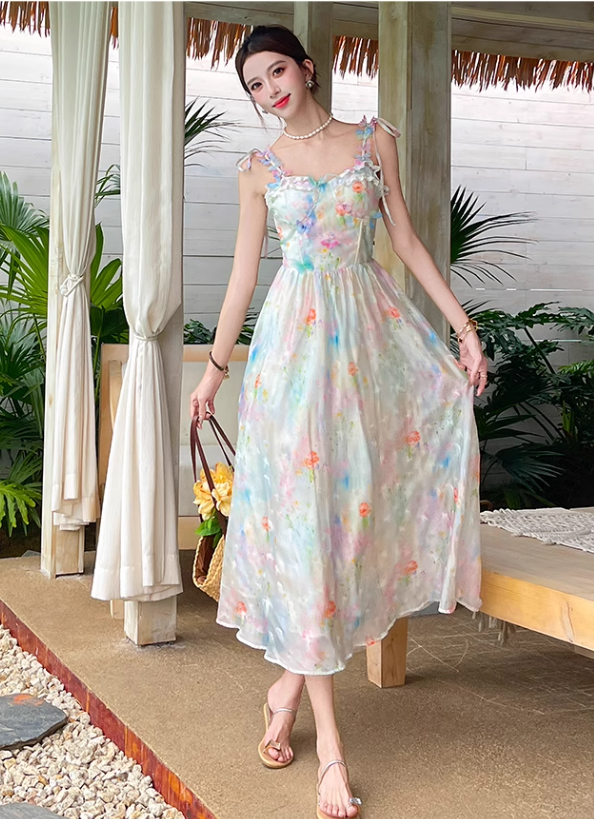 New Fashion Floral Design Elegant A-line Spaghetti Strap Dress HZ1024