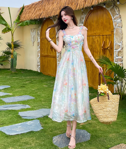 New Fashion Floral Design Elegant A-line Spaghetti Strap Dress HZ1024