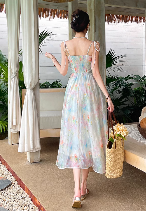 New Fashion Floral Design Elegant A-line Spaghetti Strap Dress HZ1024