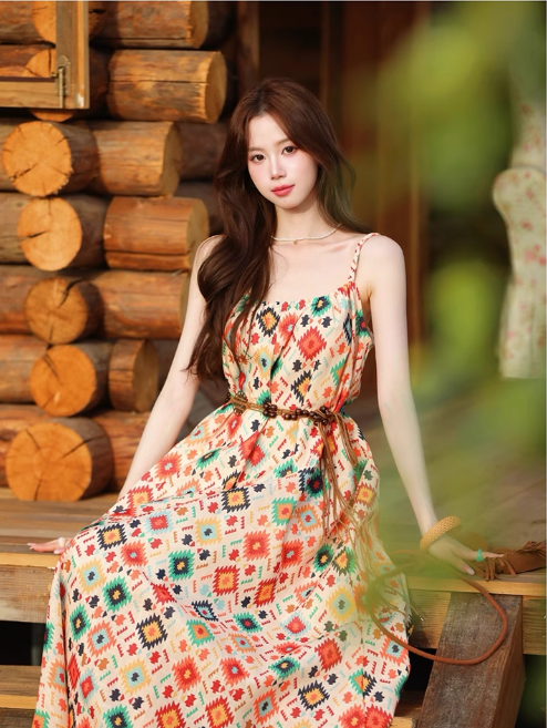 Vintage Fashion Floral Print Design Beach Holiday A-line with Belt Spaghetti Strap Dress HZ1024