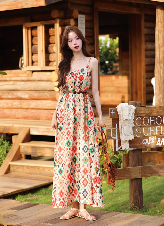Vintage Fashion Floral Print Design Beach Holiday A-line with Belt Spaghetti Strap Dress HZ1024