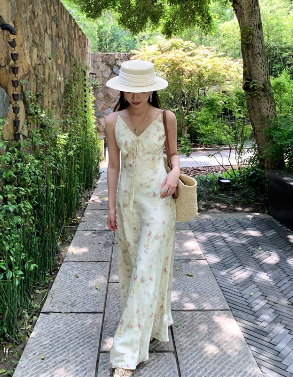 Retro Fashion Floral Design Beach Holiday A-line Spaghetti Strap Dress HZ1024