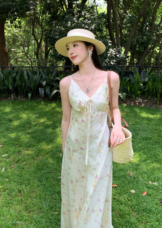 Retro Fashion Floral Design Beach Holiday A-line Spaghetti Strap Dress HZ1024