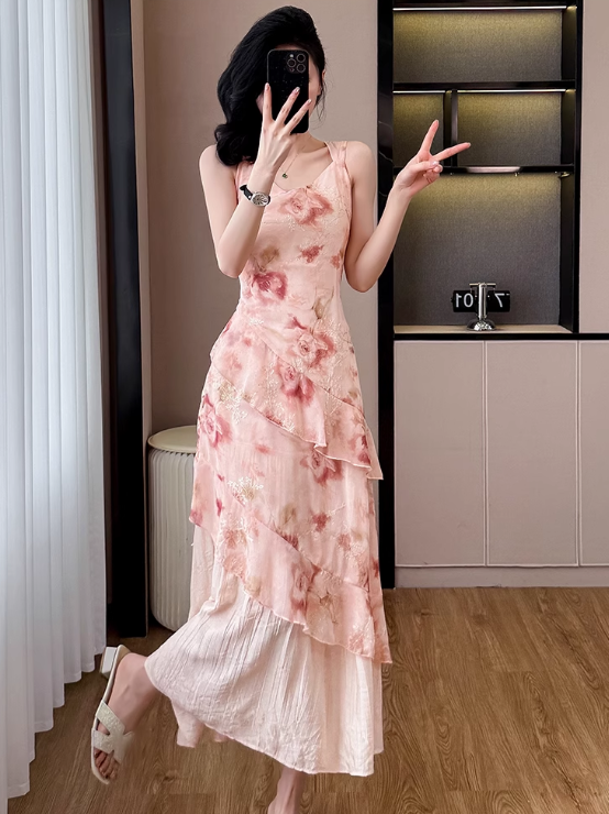 Simple Fashion Pink Floral Design A-line Spaghetti Strap Dress HZ1024
