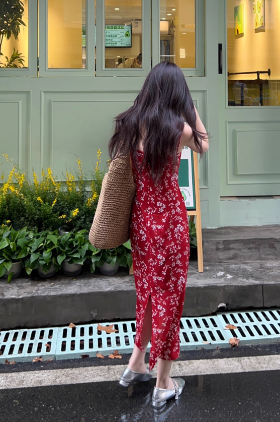 New Fashion Red Floral Design A-line Beach Holiday Spaghetti Strap Dress HZ1024