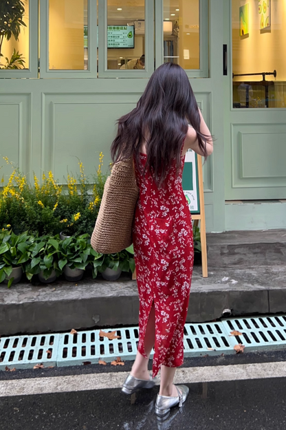 New Fashion Red Floral Design A-line Beach Holiday Spaghetti Strap Dress HZ1024
