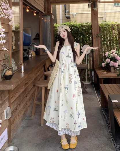 Vintage Fashion Floral Printed Design A-line Beach Holiday Vest Dress HZ1024
