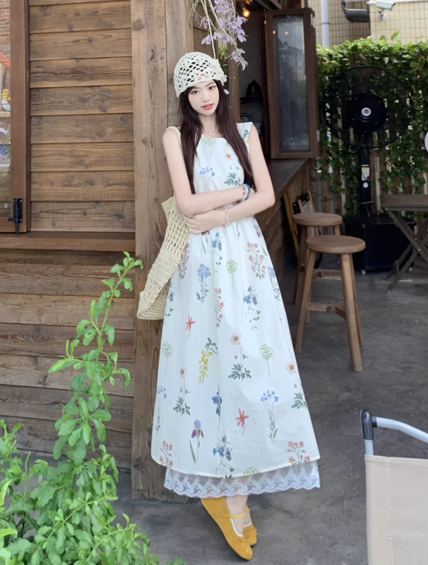 Vintage Fashion Floral Printed Design A-line Beach Holiday Vest Dress HZ1024