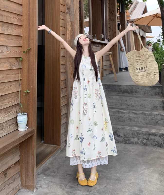 Vintage Fashion Floral Printed Design A-line Beach Holiday Vest Dress HZ1024