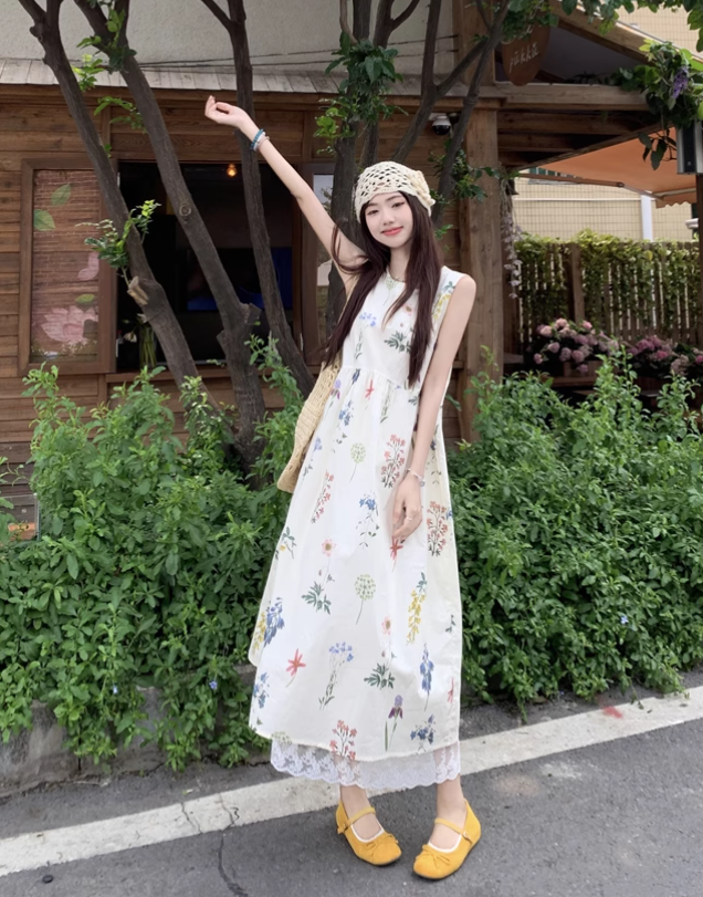 Vintage Fashion Floral Printed Design A-line Beach Holiday Vest Dress HZ1024