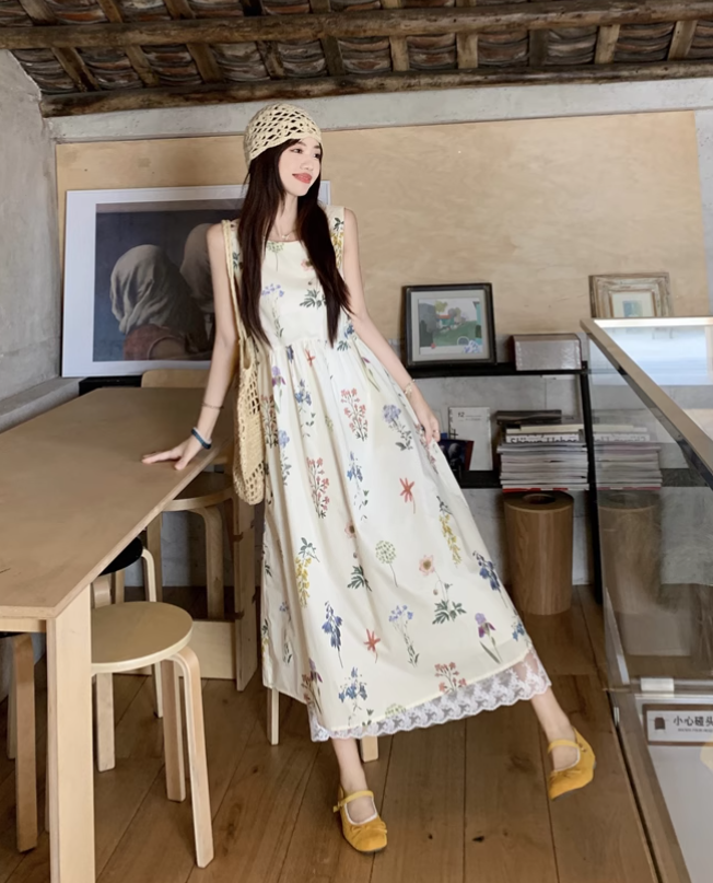 Vintage Fashion Floral Printed Design A-line Beach Holiday Vest Dress HZ1024