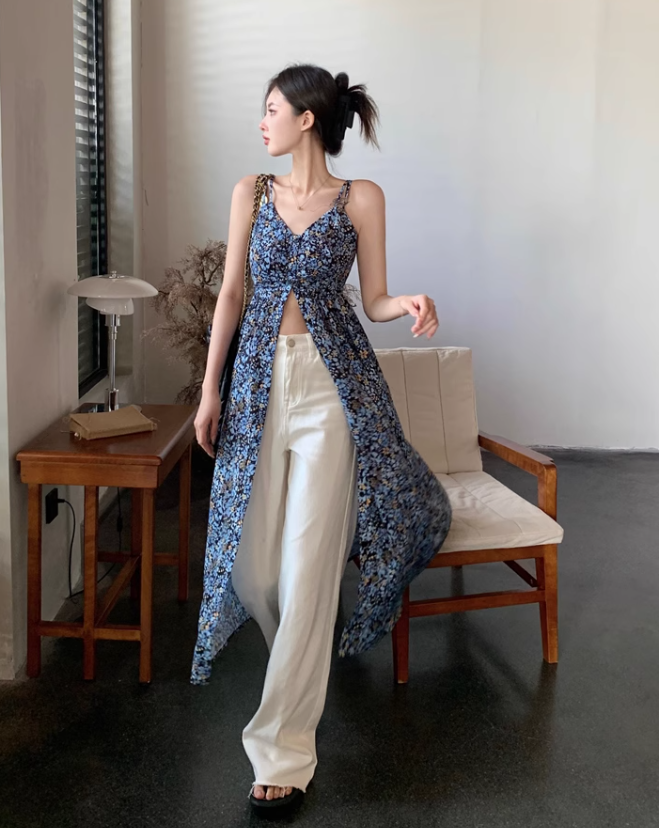 Fashion Navy Blue Floral Design A-line V-neck Slit Spaghetti Strap Dress HZ1024