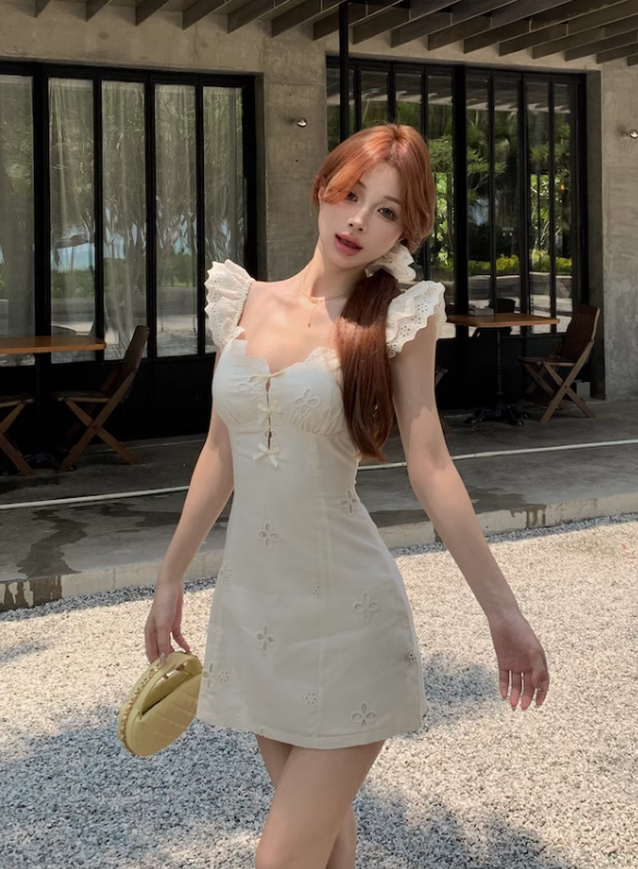 New Fashion Light Blue Floral Design A-line Sleeveless Short Floral Dress HZ1024