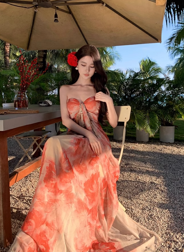 New Fashion Floral Print Design A-line Floor-length Sleeveless Strapless Dress HZ1024