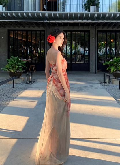New Fashion Floral Print Design A-line Floor-length Sleeveless Strapless Dress HZ1024