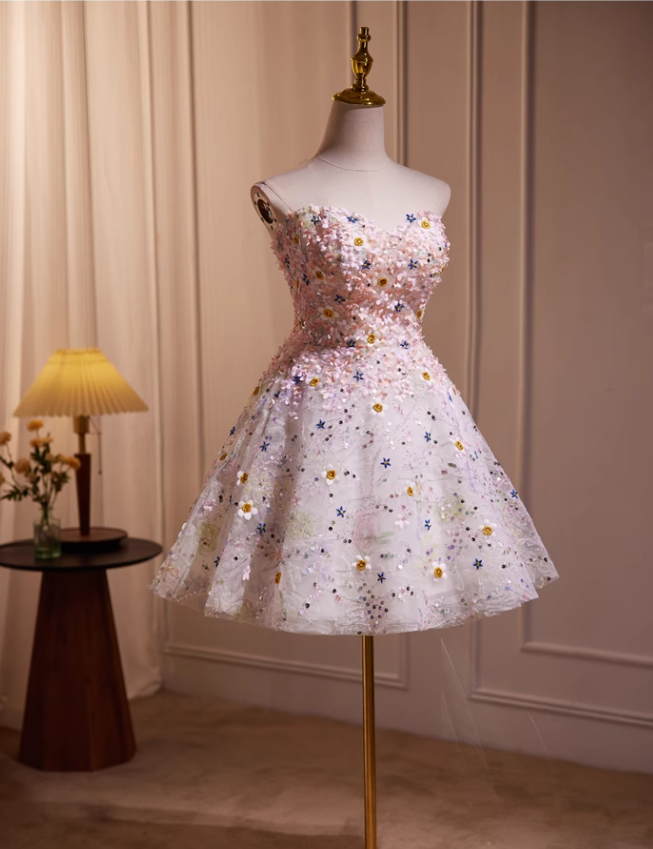 Charming Floral Embroidery Sequined Design Sleeveless Strapless Homecoming Dress HZ1024