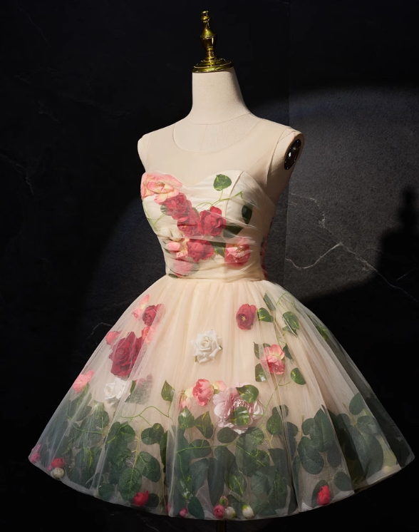 Vintage FLoral Design Elegant Mesh Vest Homecoming Dress HZ1024