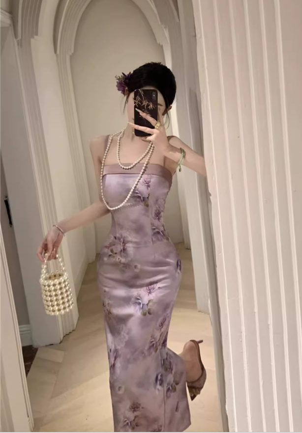 Vintage Purple Floral Design Satin A-line Spaghetti Strap Dress HZ1024