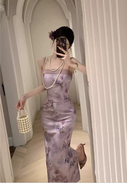 Vintage Purple Floral Design Satin A-line Spaghetti Strap Dress HZ1024