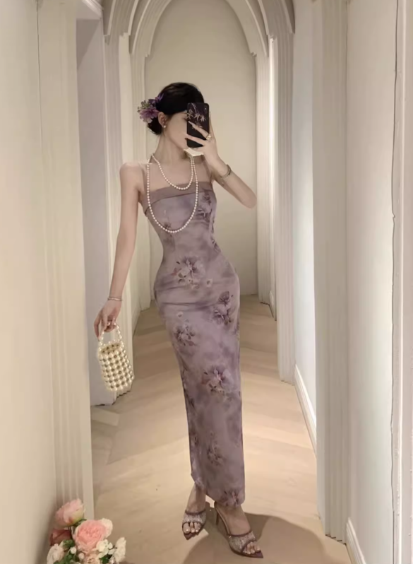 Vintage Purple Floral Design Satin A-line Spaghetti Strap Dress HZ1024