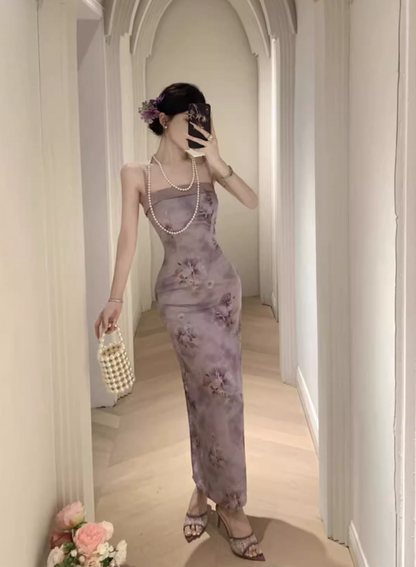 Vintage Purple Floral Design Satin A-line Spaghetti Strap Dress HZ1024