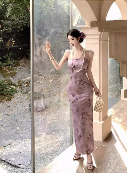 Vintage Purple Floral Design Satin A-line Spaghetti Strap Dress HZ1024