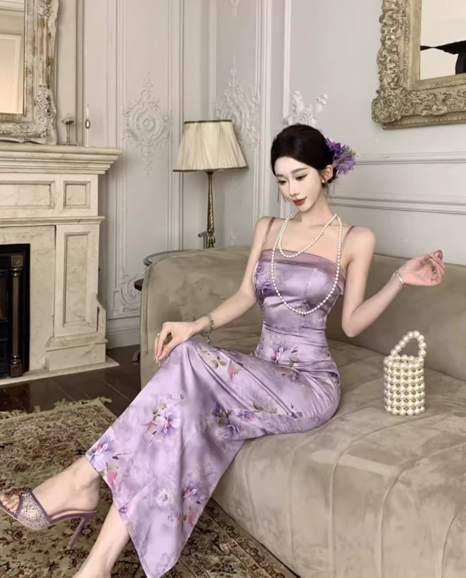 Vintage Purple Floral Design Satin A-line Spaghetti Strap Dress HZ1024
