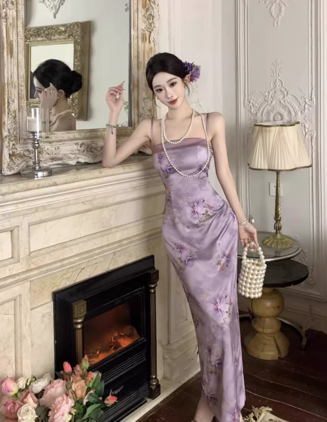 Vintage Purple Floral Design Satin A-line Spaghetti Strap Dress HZ1024