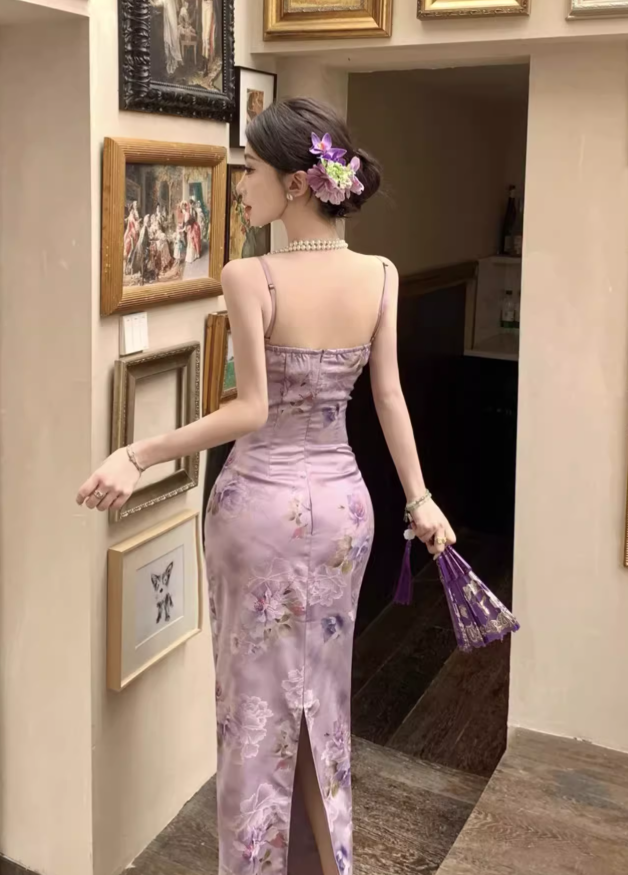 Vintage Purple Floral Design Satin A-line Spaghetti Strap Dress HZ1024